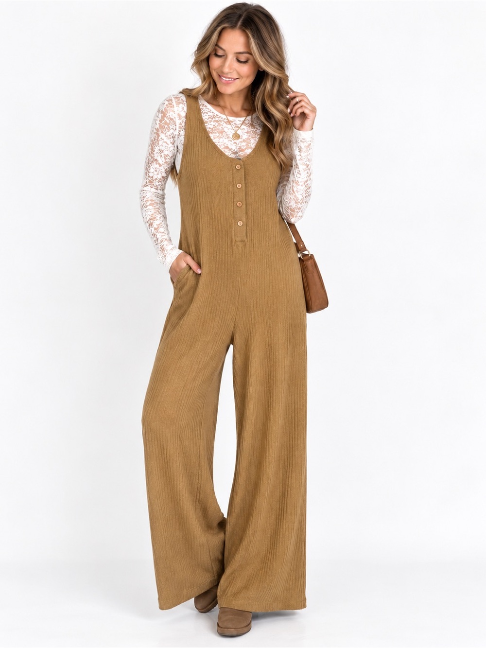 By Together Ribbed Wide Leg Henley Jumpsuit Tan Camel Size M
